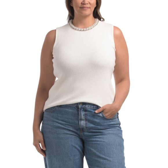 CECE Antique White Plus Faux Pearl Trim Sweater - Picture 1 of 2